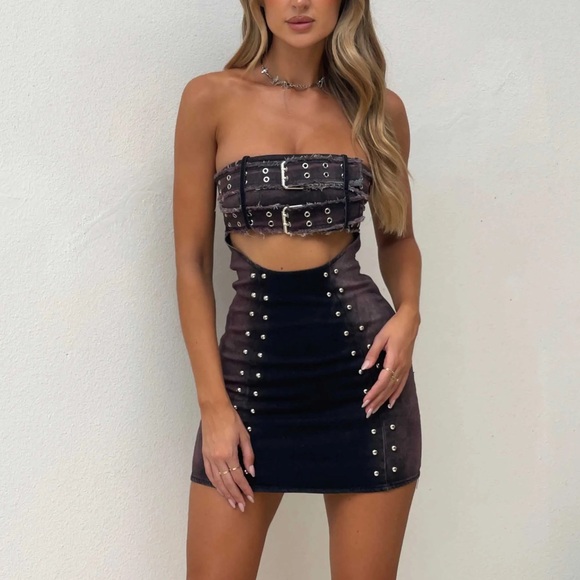 Outcast Dresses & Skirts - Outcast Clothing Catya Black Denim Belt Buckle Studded Cut Out mini dress xs
